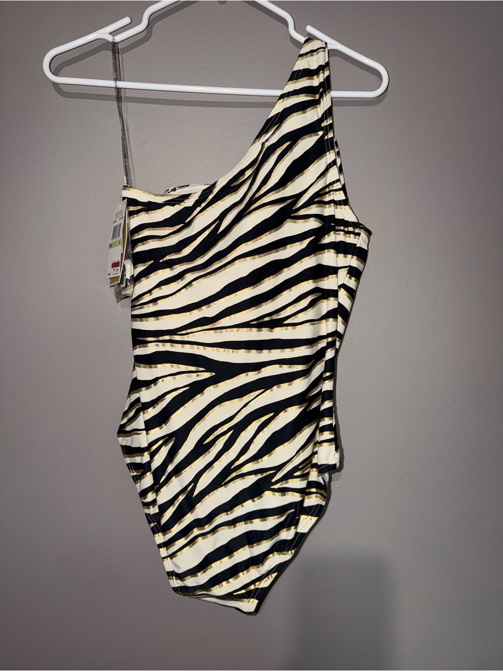 Michael Kors Black, White & Gold Zebra Stripe One-Shoulder Swimsuit - Picture 2 of 9